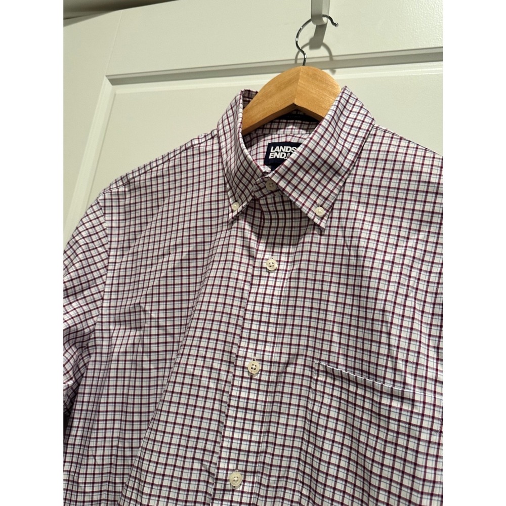 Lands End Mens Supima Pinpoint‎ No Iron Shirt Traditional Fit Check Burgundy M